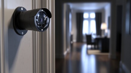 Modern security camera installed in a stylish home hallway, enhancing safety and surveillance