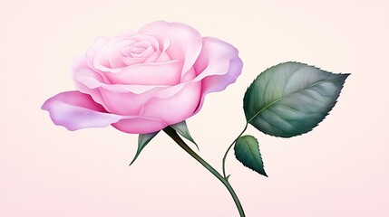 Beautiful pink rose with delicate petals and green leaves against a soft pastel background