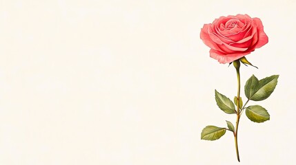 Beautiful pink rose with green leaves on a soft beige background, ideal for floral design projects
