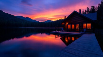 A tranquil lakeside cabin aglow against vibrant sunset hues, creating a peaceful retreat