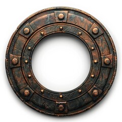 Fototapeta premium A circular, ornate shield design with a textured surface and metallic accents. isolated on white background