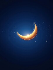 A shimmering crescent moon glows against a deep blue night sky, surrounded by twinkling stars