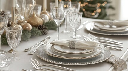 Elegant Christmas Table Setting with Sparkling Ornaments and Fine China
