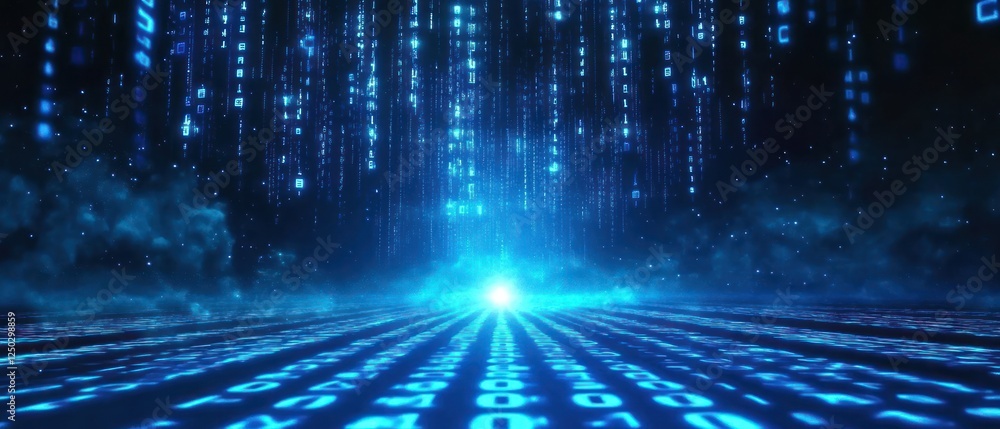 Poster futuristic digital landscape with cascading binary code lights