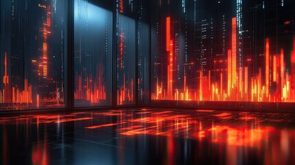 Futuristic data visualization room with glowing red graphs and digital elements reflecting on floor