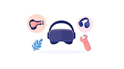 Futuristic virtual reality setup featuring headset, controller, and accessories on a minimalistic background