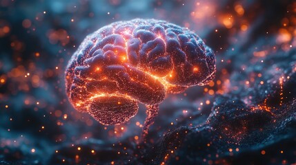 Abstract representation of a glowing brain amidst vibrant particles and cosmic background