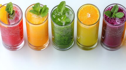 Colorful assortment of refreshing fruit juices with mint garnishes on a bright background