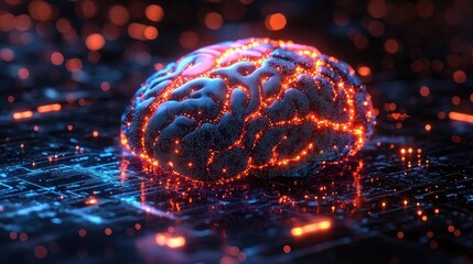 Futuristic digital brain illuminated with neon lights, set against a high-tech circuit background