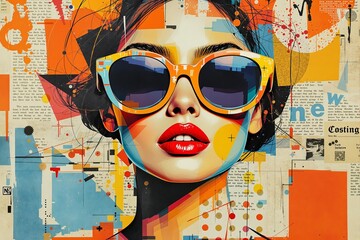 Stylish woman with futuristic sunglasses and red lips in an abstract artistic composition on a collage-style background. Concept of modern fashion and creativity. Ai generative