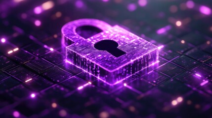 Digital lock symbolizing cybersecurity in a futuristic, tech-inspired environment with glowing elements
