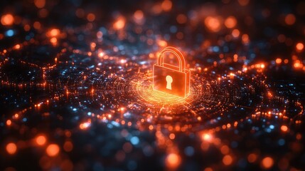 Digital illustration of a glowing padlock symbolizing cybersecurity amidst a network of data connections