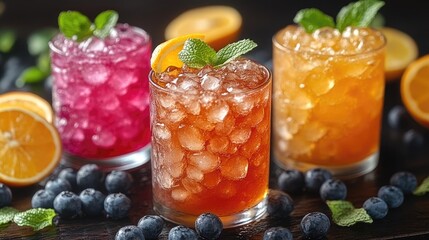 Three colorful beverages with ice and mint leaves, surrounded by blueberries and citrus fruits