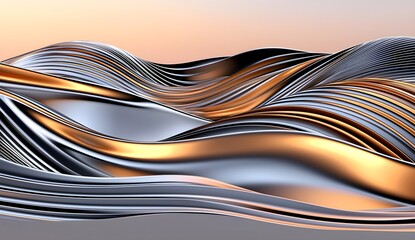 Obraz premium Abstract wave patterns with shiny metallic textures in silver and gold hues under a soft gradient sky at sunrise, evoking fluid motion and elegance