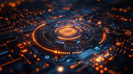 Abstract close-up of a futuristic circuit board with glowing orange lights and intricate patterns