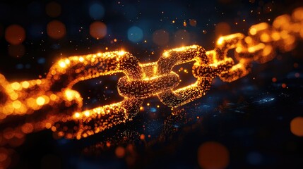 Glowing chain links illuminated against a dark background with bokeh effects and sparkles
