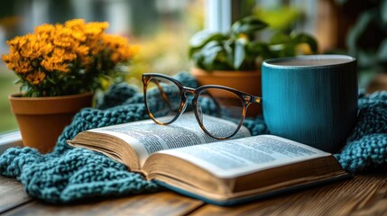 Cozy indoor scene featuring an open book, glasses, a mug, and vibrant plants by a window