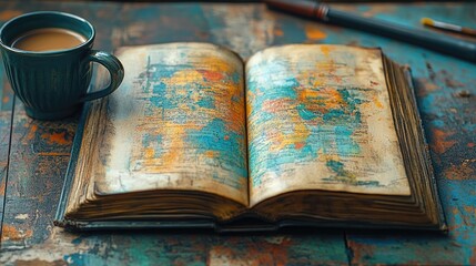 Open vintage map book on a rustic table with coffee cup and pen, showcasing vibrant colors