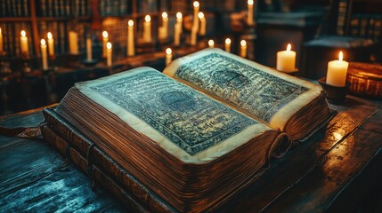 Ancient open book resting on a wooden table, surrounded by flickering candles in a dim library