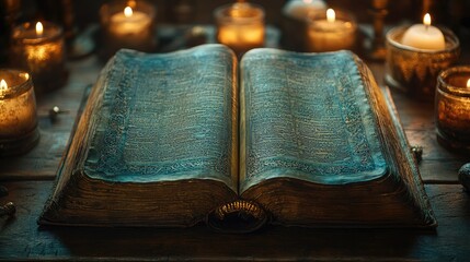 Antique open book with ornate cover surrounded by flickering candles in a dimly lit setting