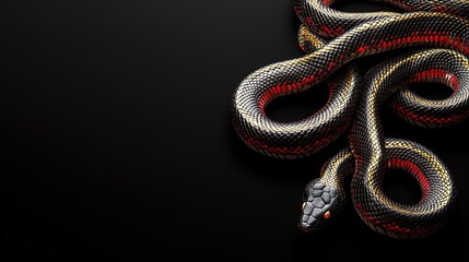 Obraz premium Snake with Gold and Red Lines on Body Against Black Background: Gradient Highlights with Space for Copy