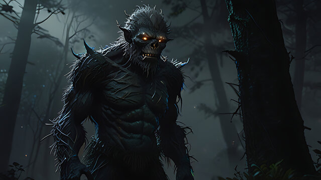 Kapre philippines scary hairy humanoid monster smoking, A werewolf transforming under a full moon surrounded by dark trees, AI Generated
