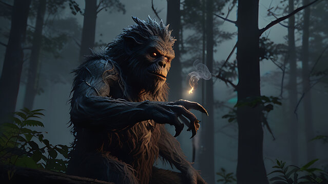 Kapre philippines scary hairy humanoid monster smoking, A werewolf transforming under a full moon surrounded by dark trees, AI Generated
