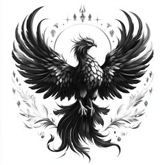 Obraz premium Majestic Black and White Phoenix Illustration with Intricate Feather Details and Ornamental Background