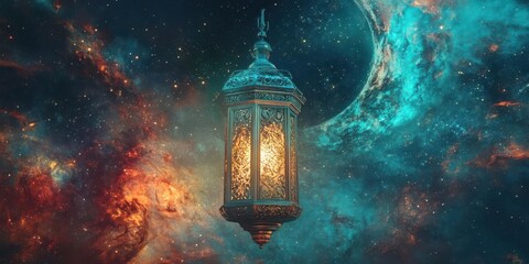 Ornate lantern glowing in a vibrant cosmic scene with swirling galaxies and stars