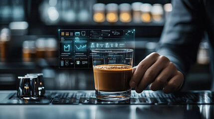 futuristic chocolate drink bar featuring AI powered holographic display showcasing drink options and data analysis. ambiance is modern and sleek, enhancing experience