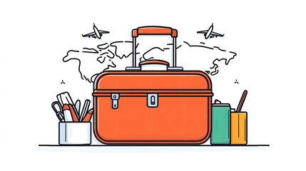Vibrant orange suitcase surrounded by travel essentials and a world map backdrop