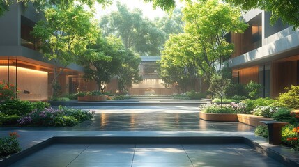 Serene modern courtyard with lush greenery, tranquil water features, and soft sunlight filtering through trees