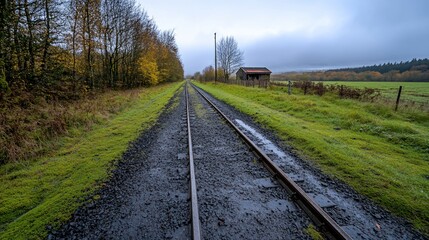 Eerie railway tracks vanish into the horizon on a cloudy autumn day