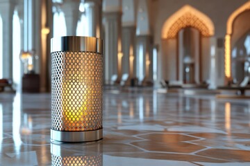 Elegant decorative lantern illuminating a luxurious lobby with ornate architecture and warm ambiance