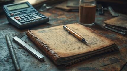 Vintage workspace with a calculator, notebook, and coffee, showcasing a creative environment