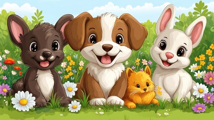 Cute cartoon animals including a dog, rabbit, and kitten in a vibrant flower-filled meadow