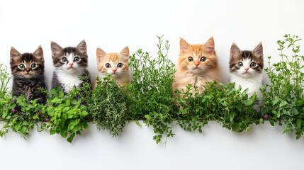 Five adorable kittens surrounded by lush green plants, creating a playful and vibrant scene