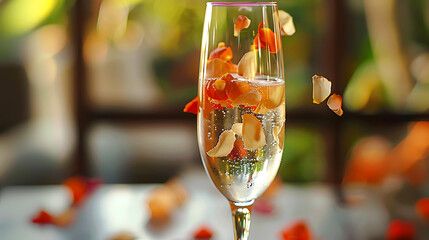 A champagne flute filled with floating flower petals