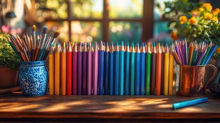 Vibrant collection of colored pencils arranged neatly on a wooden table in a sunny garden setting