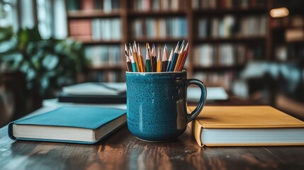 Colorful pencils in a blue mug on a wooden table surrounded by books in a cozy library