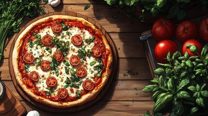 Freshly baked pizza topped with tomatoes and herbs on a wooden table surrounded by ingredients