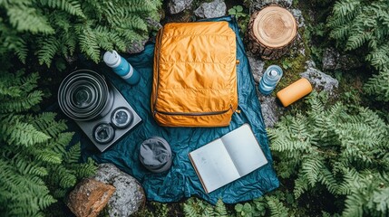 Vibrant camping setup with orange backpack, water bottles, and notebook among lush ferns in nature