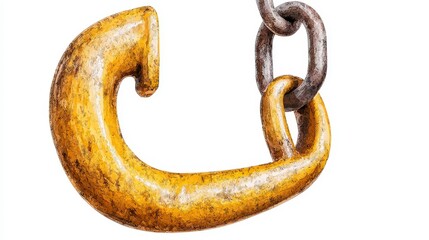 Obraz premium Gold Metal Hook Attached to Rusty Chain on White Background