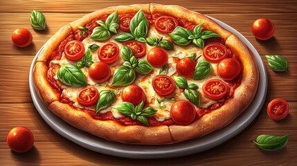 Freshly baked pizza topped with basil and cherry tomatoes on a wooden table setting