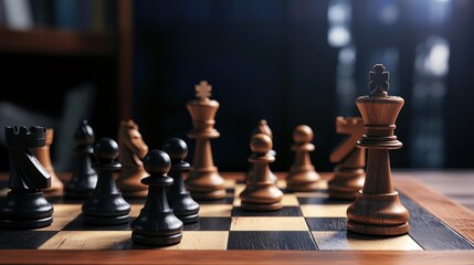 Close-up of a wooden chessboard with black and white pieces in a dimly lit room, showcasing strategy
