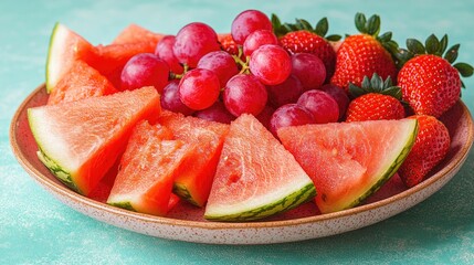 Freshly cut watermelon slices, juicy grapes, and vibrant strawberries on a decorative plate