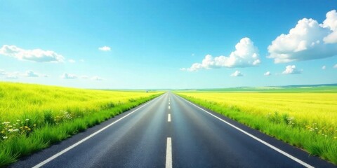Asphalt road stretching towards a vibrant yellow field under a bright summer sky