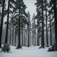 "A row of cypress trees standing tall in a blizzard, their dark green needles peeking through the thick snow."