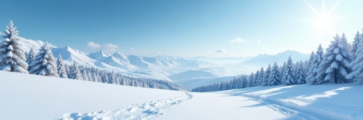 Fototapeta premium Vast, snow-covered landscape; clear winter sky , panoramic, field, peaceful