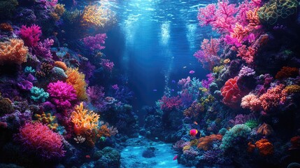 Vibrant underwater coral reef teeming with colorful marine life and sunlight filtering through water